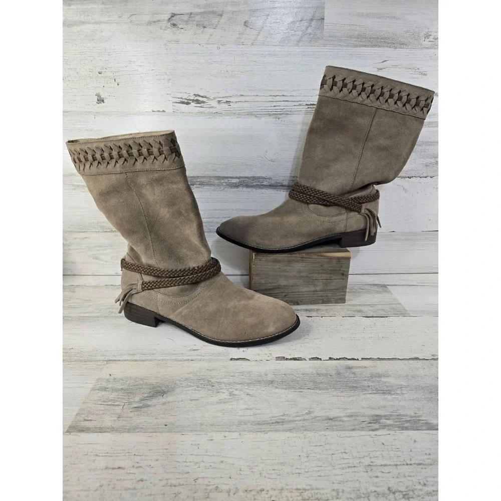 Very Volatile Womens 8.5 Taupe Suede Mid-Calf Boho Boots‎ Braided Tassel Accent